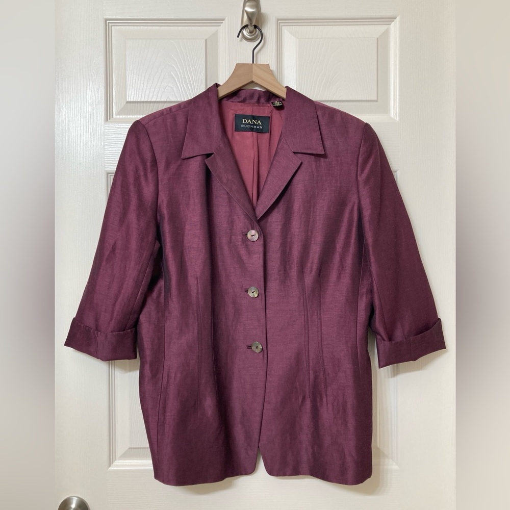 Dana Buchman Purple Satin 3/4 Sleeve Linen Blazer Jacket 16 Retro Party Holiday - Picture 2 of 8